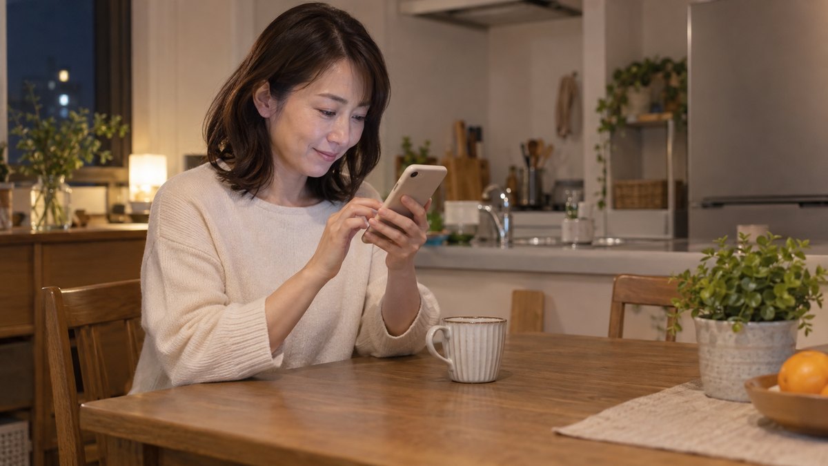 夜の自宅の台所のテーブルで、40代の女性がスマートフォンを両手で持ち、短い文を打っている手元。画面の文字は見えない角度