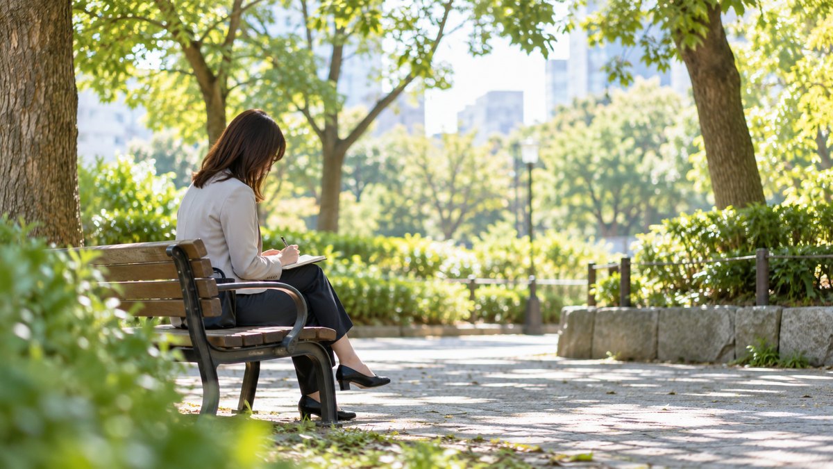 昼休み、会社の近くの公園のベンチで、30代の女性会社員がひざの上の手帳に短く書き込んでいる横からの遠景。木漏れ日。顔ははっきり写らない。手帳の文字は読めない