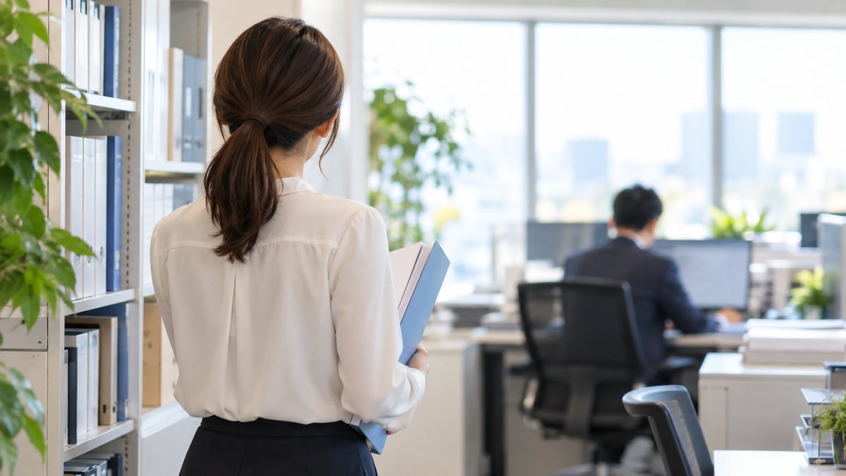 午後、オフィスの書類棚の前で、30代の女性会社員がファイルを手に持ったまま、少し離れた席にいる上司のほうを見て、声をかけるか迷っている後ろ姿の近景。顔は写らない。ファイルの文字は読めない