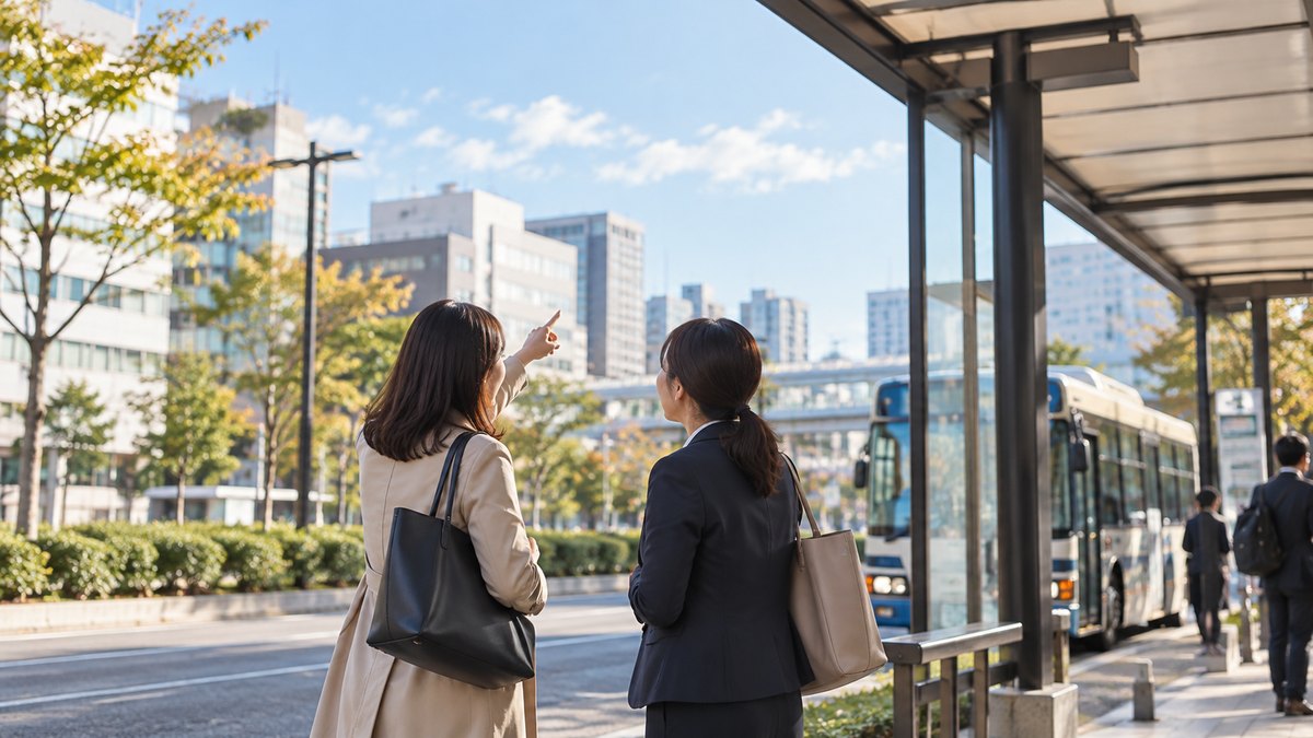 朝、駅前のバス停で、40代の女性会社員が隣に並ぶ同年代の女性に、空を指して天気のことを軽く話しかけている遠景。顔ははっきり写らない。時刻表や看板の文字は見えない
