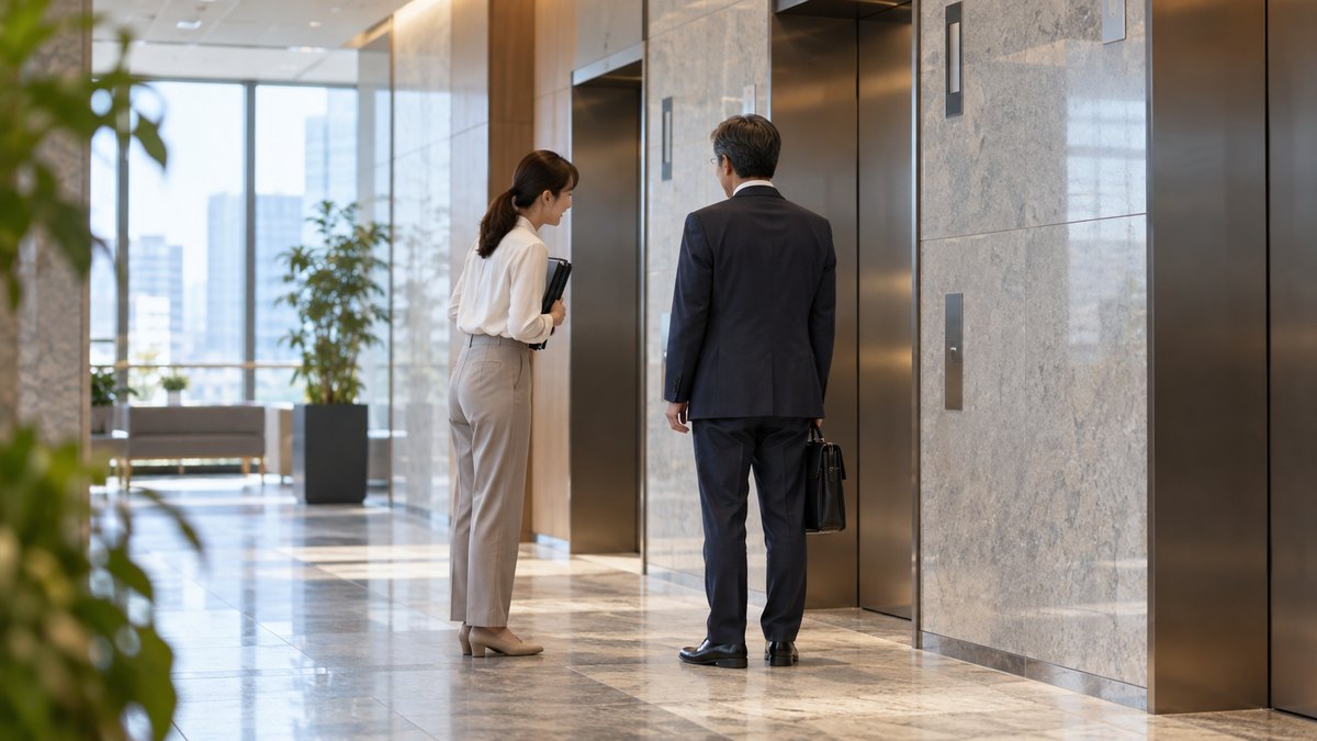 昼前、オフィスのエレベーターホールで、30代の女性会社員が書類フォルダを胸に持ち、エレベーターを待つ50代の男性の上司に軽く会釈して話しかけている遠景。顔ははっきり写らない。表示板の文字は見えない