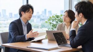 打ち合わせテーブルで上司と同僚に穏やかに話しかける男性会社員