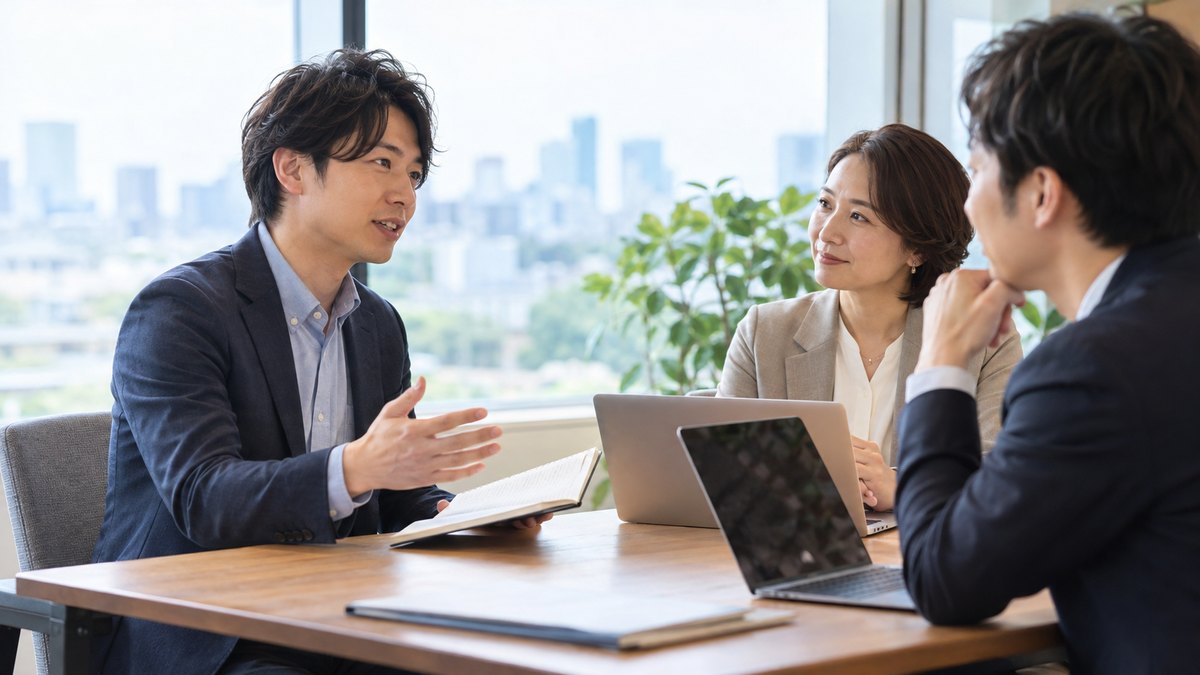 打ち合わせテーブルで上司と同僚に穏やかに話しかける男性会社員