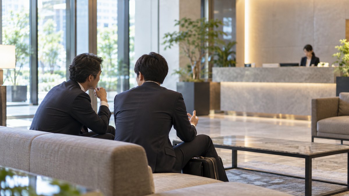 午後、取引先の会社の受付前のソファで、40代の男性の営業担当が、隣に座った30代の後輩の話にうなずいている横からの遠景。顔ははっきり写らない。受付の文字は見えない