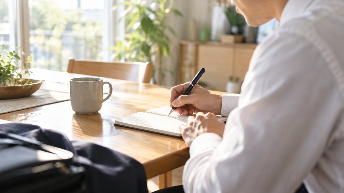 朝、自宅のダイニングテーブルで、出勤前の30代の男性会社員がマグカップの横に小さなノートを広げ、ペンで書き出しをしている手元と肩の近景。窓から朝の光。顔ははっきり写らない。ノートの文字は読めない
