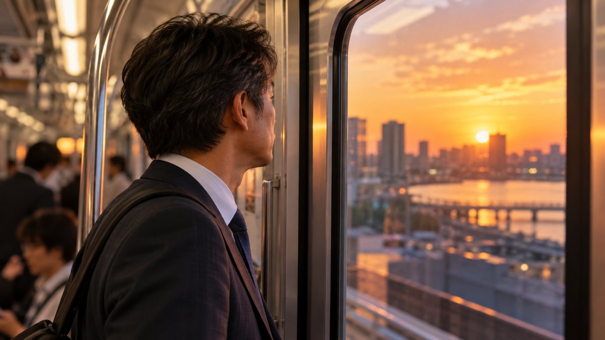 夕方、会社の帰りの電車で、ドアの近くに立った40代の男性会社員が窓の外の夕焼けの街を見ている横からの近景。車内の人はぼやけている。顔ははっきり写らない。車内の文字は見えない