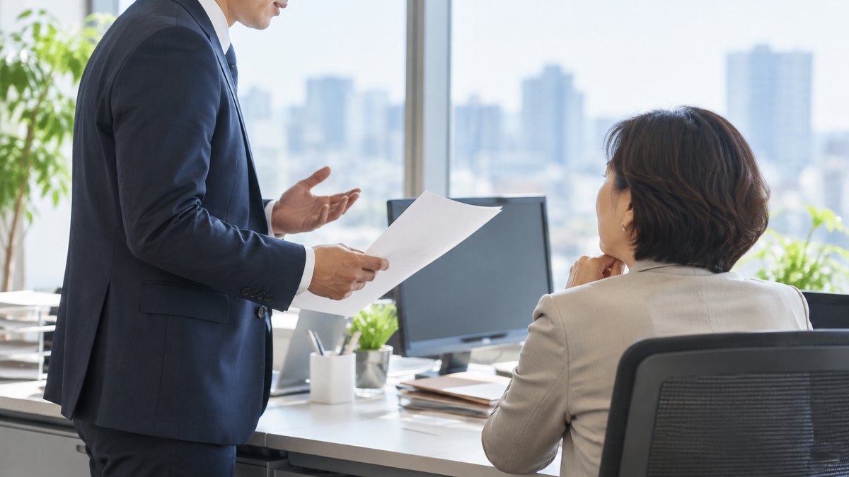 午前、オフィスの窓際の上司の席の横で、30代の男性会社員が印刷した資料を1枚持って立ち、椅子に座った50代の女性の上司に落ち着いて話しかけている横からの近景。顔ははっきり写らない。資料とモニターの文字は見えない角度