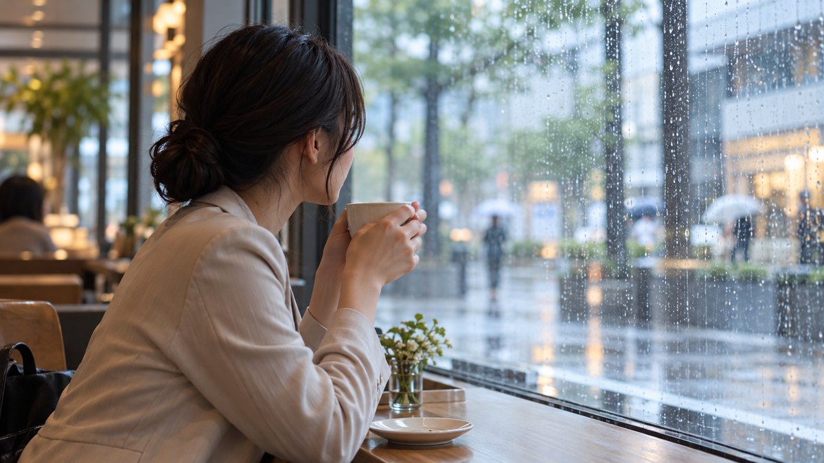 雨の日の昼、オフィスビルの1階のカフェで、30代の女性会社員が窓際の席に座り、窓を伝う雨粒を見ながらカップを両手で持っている横からの近景。顔ははっきり写らない。文字は無い