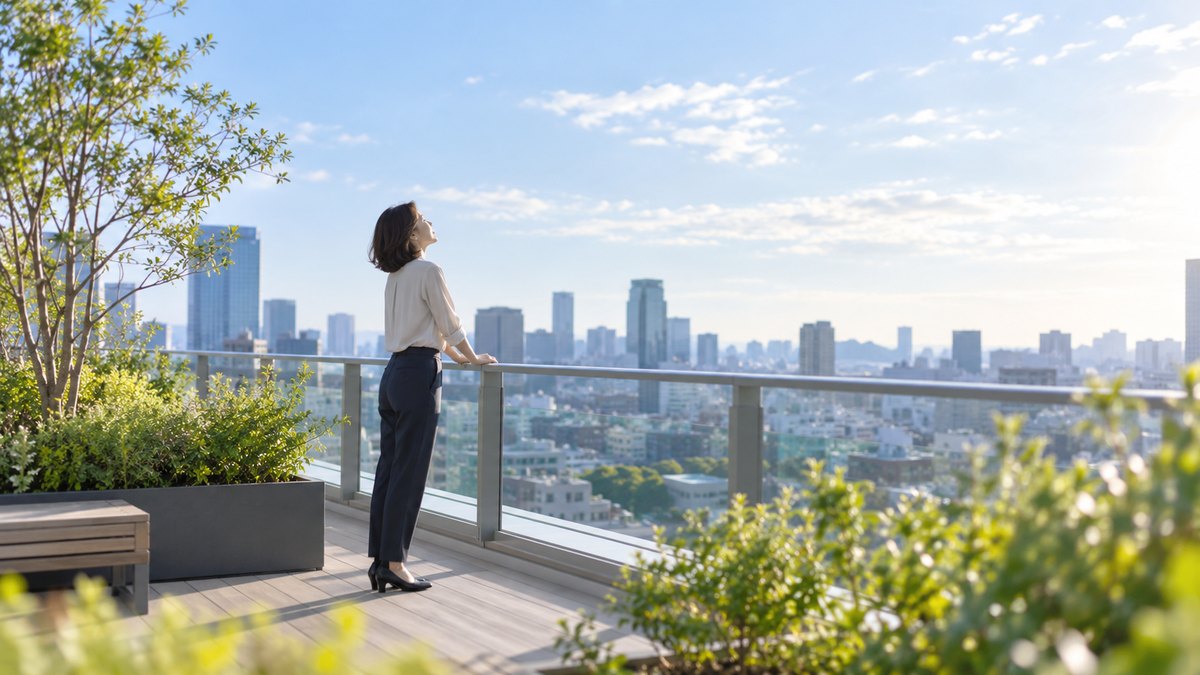 朝、オフィスビルの屋上の庭で、40代の女性会社員が手すりの近くに立ち、肩の力を抜いて空を見上げながらゆっくり息を吐いている横からの遠景。顔ははっきり写らない。文字は無い