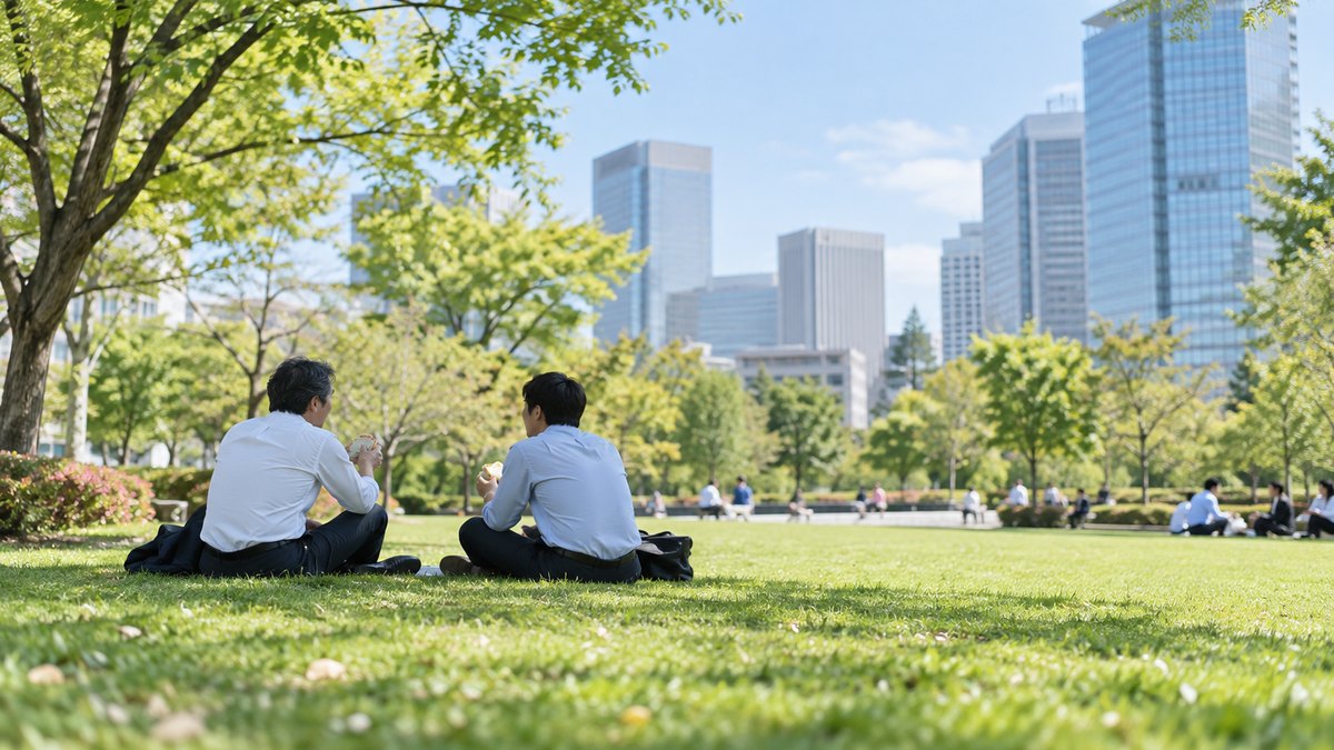 晴れた日の昼休み、オフィス街の公園の芝生の広場で、40代の男性会社員と30代の後輩の男性がサンドイッチを手に並んで座り、穏やかに話している横からの遠景。顔ははっきり写らない。文字は無い