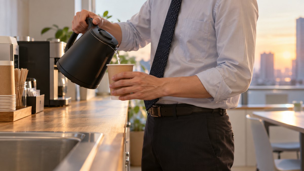 夕方、オフィスの給湯室で、30代の男性会社員が電気ケトルのお湯を紙コップに注ぎながら、ひと息ついている肩から下の近景。顔は写らない。文字は無い