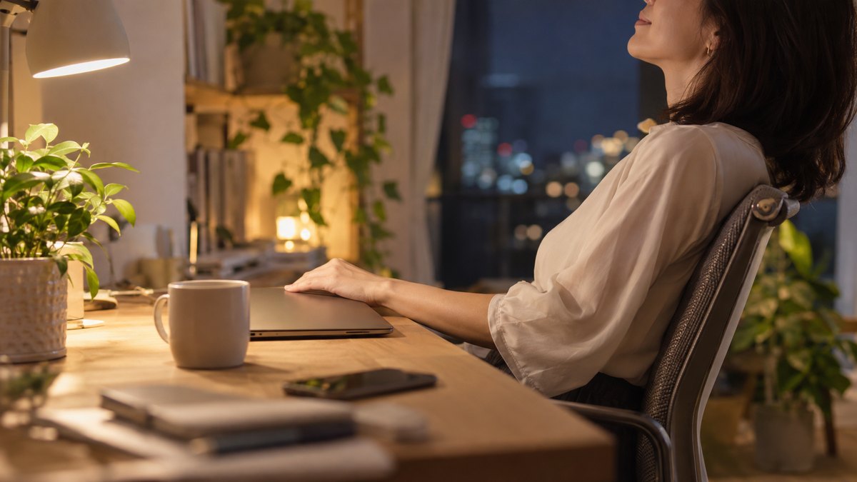 夜、自宅の書斎で、オンライン会議を終えた40代の女性会社員がノートパソコンを閉じ、椅子にもたれて穏やかに息をついている横からの近景。机に観葉植物。顔ははっきり写らない。画面と紙の文字は見えない