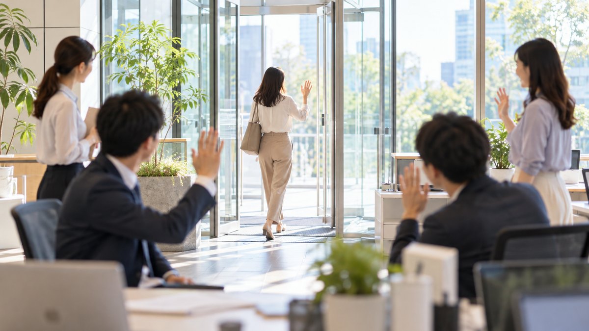 朝、オフィスの入り口で、30代の女性会社員が同僚たちに笑顔で軽く手を上げてあいさつしながら入ってくる遠景。顔ははっきり写らない。文字は無い