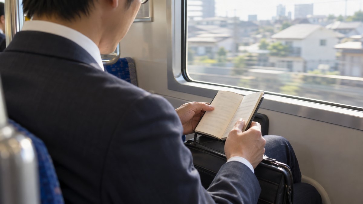 朝、通勤電車の座席で、30代の男性会社員がひざの上の小さなメモ帳を見返している手元と肩の近景。窓の外を住宅街が流れる。顔ははっきり写らない。メモ帳と車内の文字は読めない