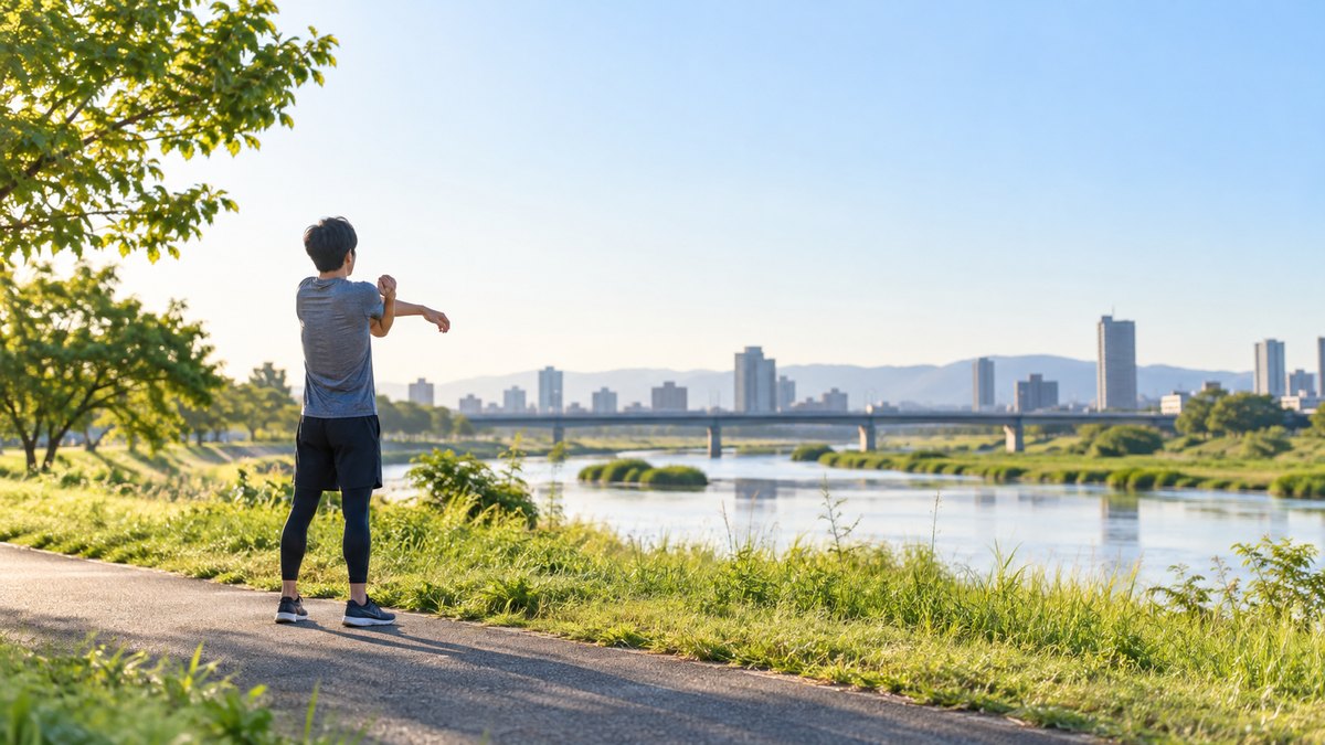 休日の朝、河川敷のランニングコースの脇で、30代の男性がストレッチをしながら深く息を吸っている遠景。顔ははっきり写らない。文字は無い