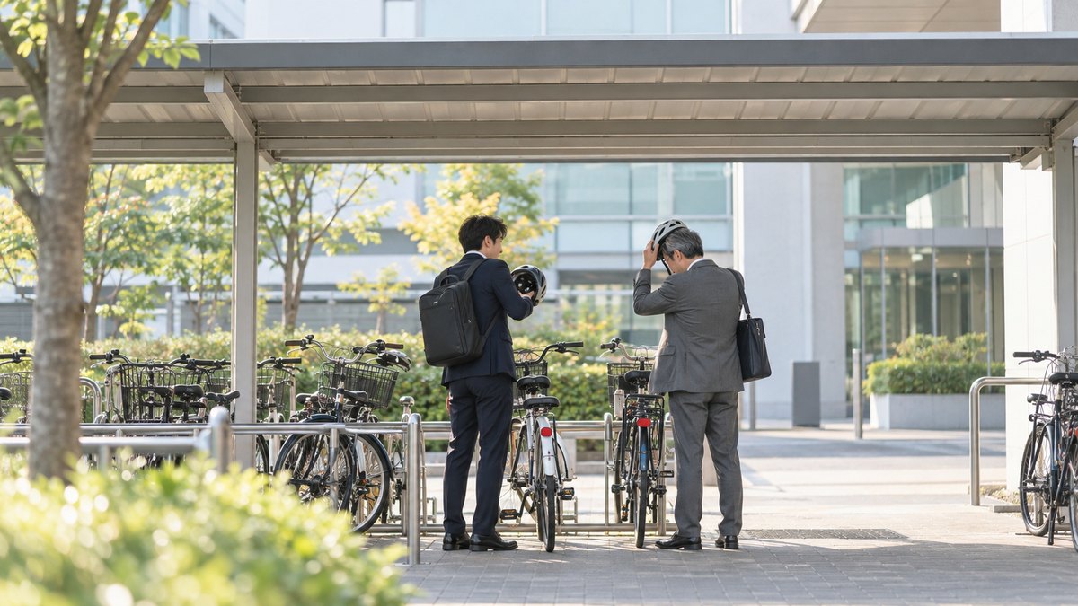 朝、会社の駐輪場で、自転車を止めた30代の男性社員が、隣に自転車を止めた50代の男性の上司とヘルメットを外しながら軽く話している遠景。顔ははっきり写らない。看板の文字は見えない