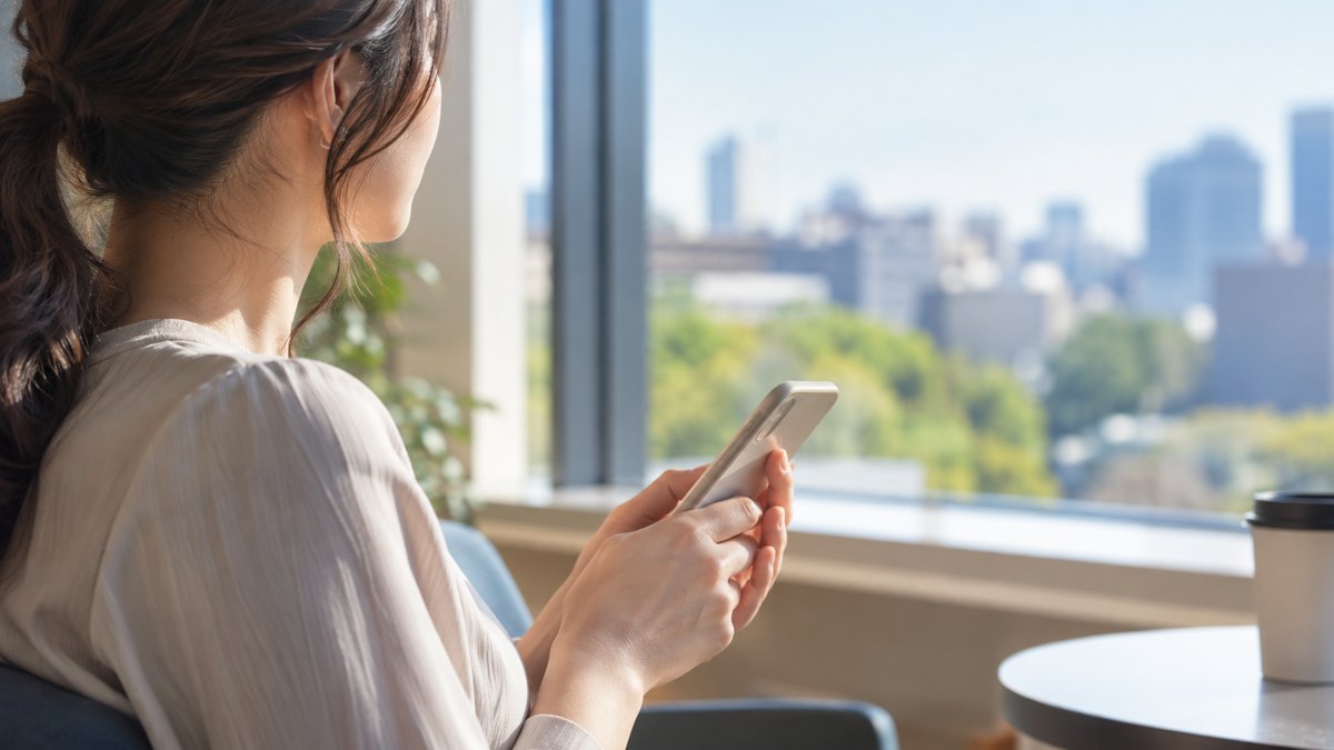 昼、職場の休憩室の窓際の椅子で、30代の女性がスマートフォンを両手で持ち、少し考えながら窓の外を見ている手元と肩の近景。画面は見えない角度。顔ははっきり写らない。文字は無い
