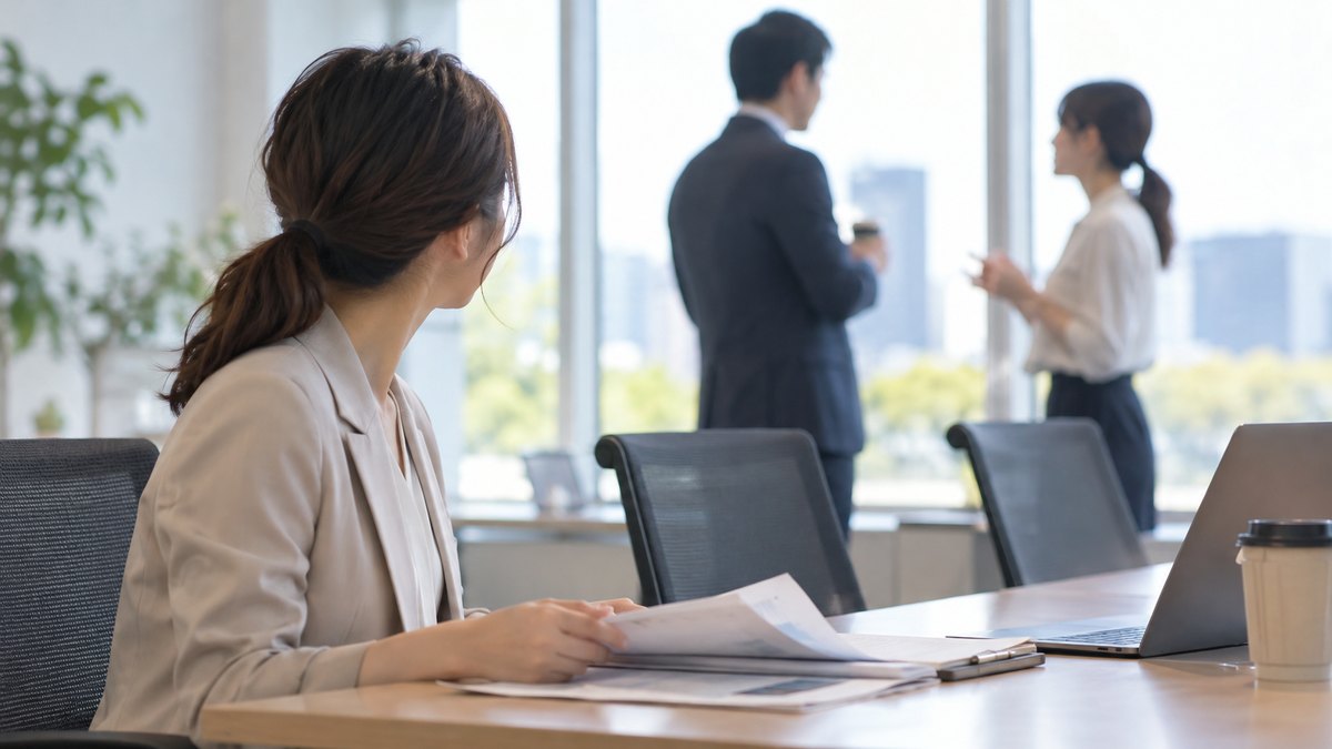 午前、会議が始まる前の会議室で、30代の女性会社員が席で資料をそろえながら、窓際で立ち話をしている同僚2人のほうを見ている近景。顔ははっきり写らない。資料の文字は読めない
