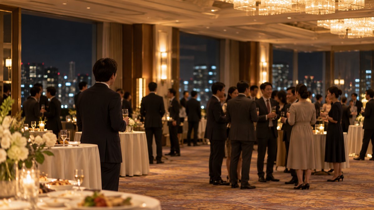 夜、ホテルの宴会場の立食の懇親会で、40代の男性会社員がグラスを手に、テーブルの端で同僚たちの話の輪を少し離れて見ている遠景。顔ははっきり写らない。看板や案内の文字は見えない