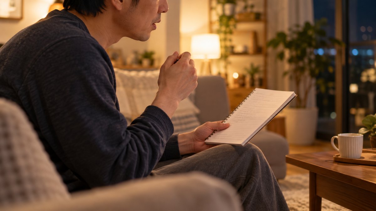 夜、自宅のリビングのソファで、40代の男性がノートを手に、明日言う一言を小さく声に出して練習している横からの近景。顔ははっきり写らない。ノートの文字は読めない