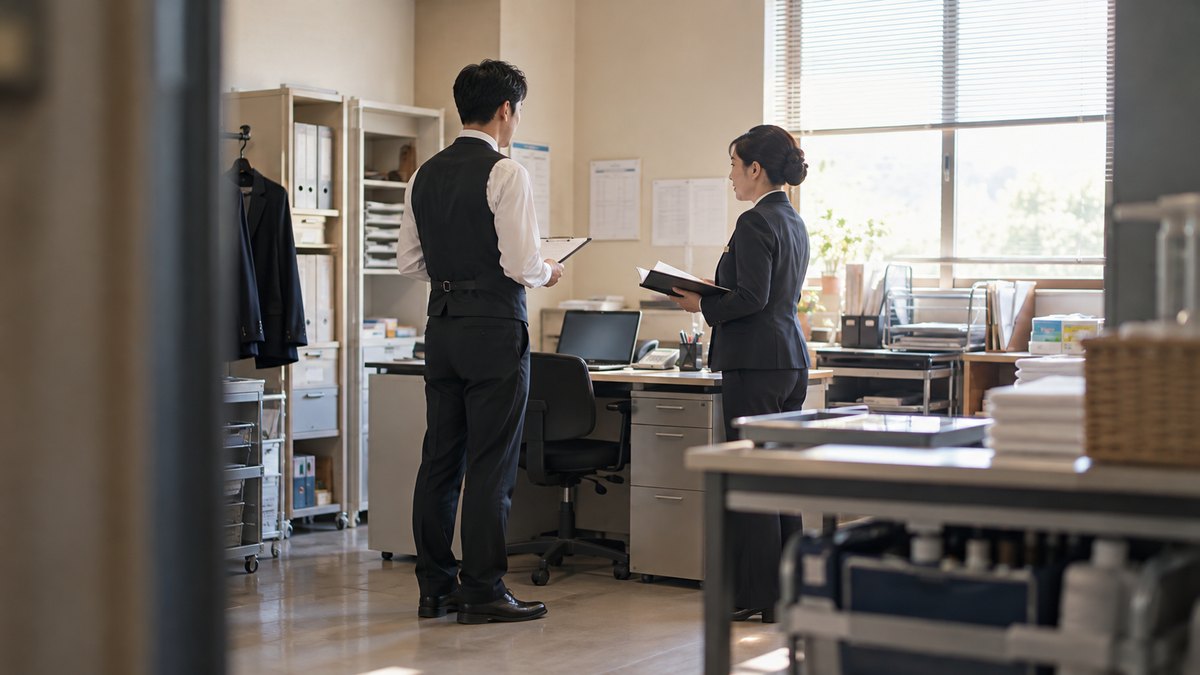 午後、ホテルの裏の事務所で、制服の30代の男性スタッフが、40代の女性マネージャーに立ったまま短く報告している遠景。顔ははっきり写らない。掲示物の文字は見えない