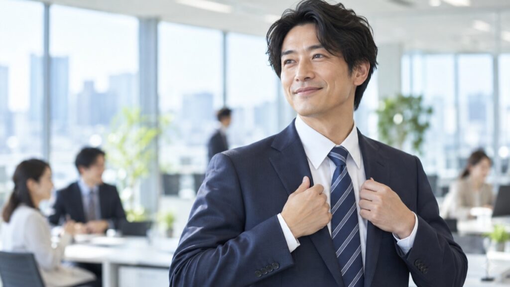 朝のオフィスで、昇進した男性社員が少し照れた笑顔でジャケットの襟を整えている