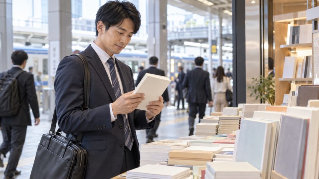 駅の中の書店で、質問力の本を手に取って裏表紙を読む男性会社員