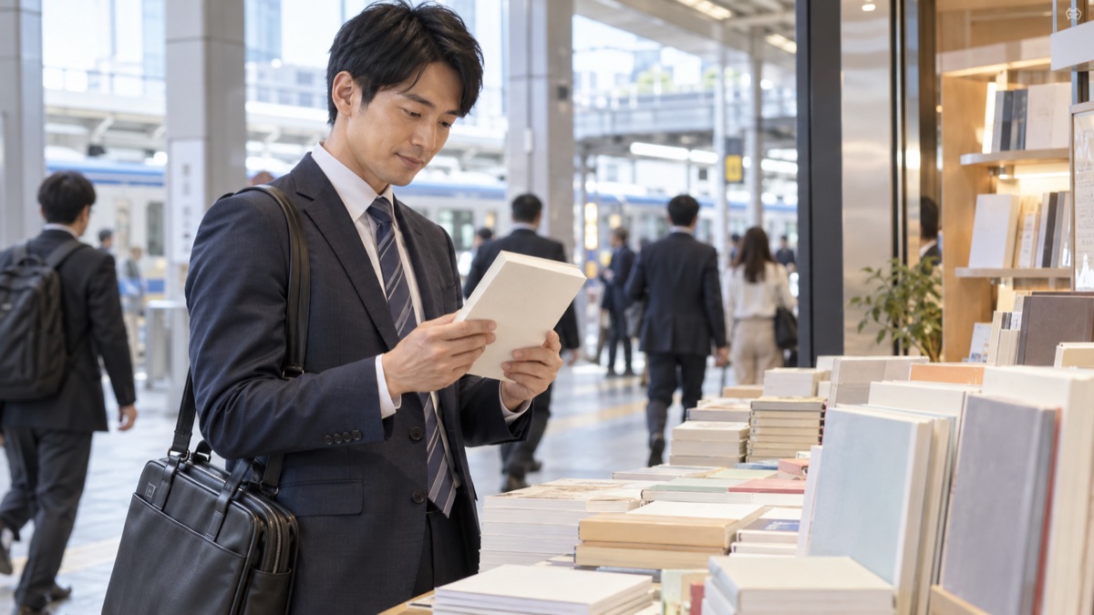 駅の中の書店で、質問力の本を手に取って裏表紙を読む男性会社員