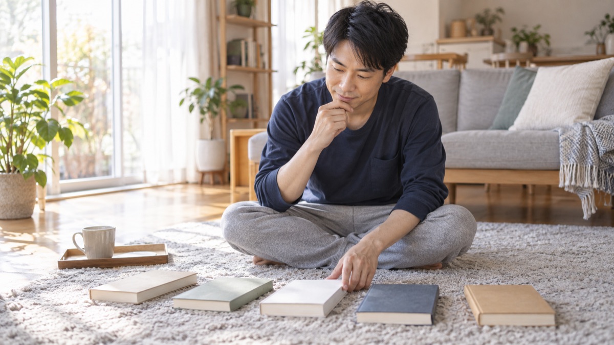 休日の朝、自宅のリビングに質問力の本を並べて、どれを読むか選ぶ男性