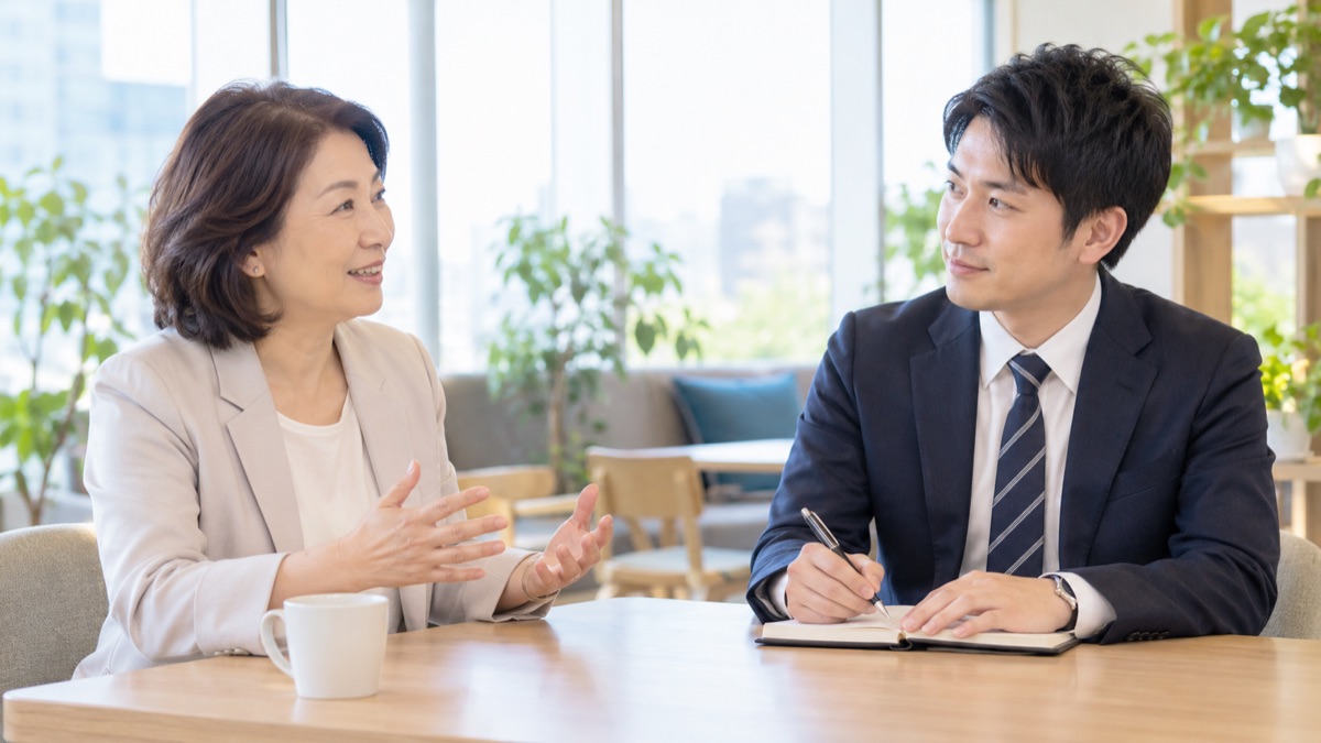 社内報の取材で、先輩社員の話にうなずきながらメモを取る男性会社員