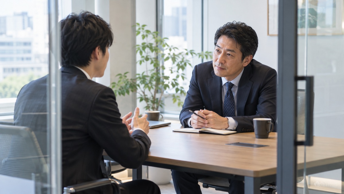 面談室で、部下の話を身を乗り出して聞く上司