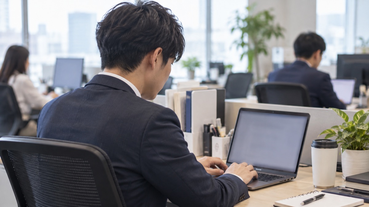 オフィスの自席で、ノートパソコンに文章を入力する男性会社員