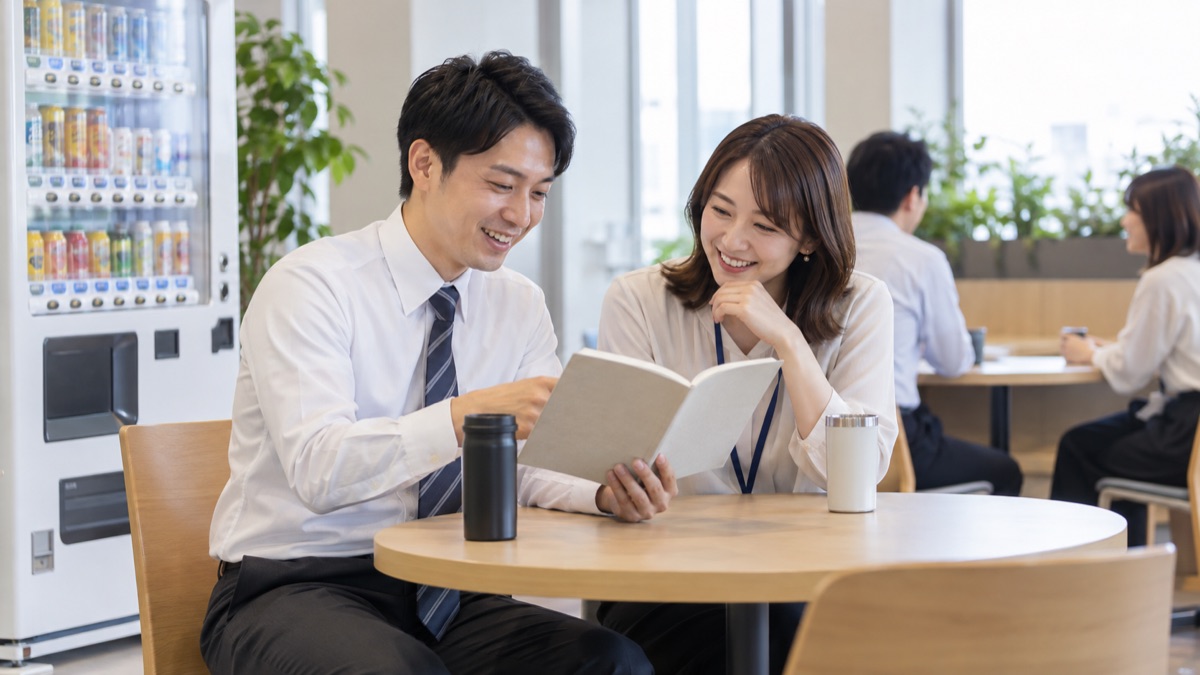 昼休みの休憩スペースで、同僚と1冊の本を見ながら話す男性会社員