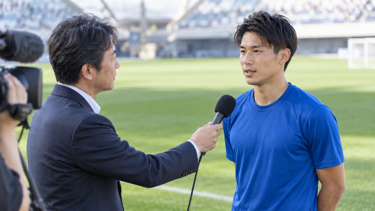 スタジアムの取材エリアで、選手にマイクを向けて話を聞くインタビュアー