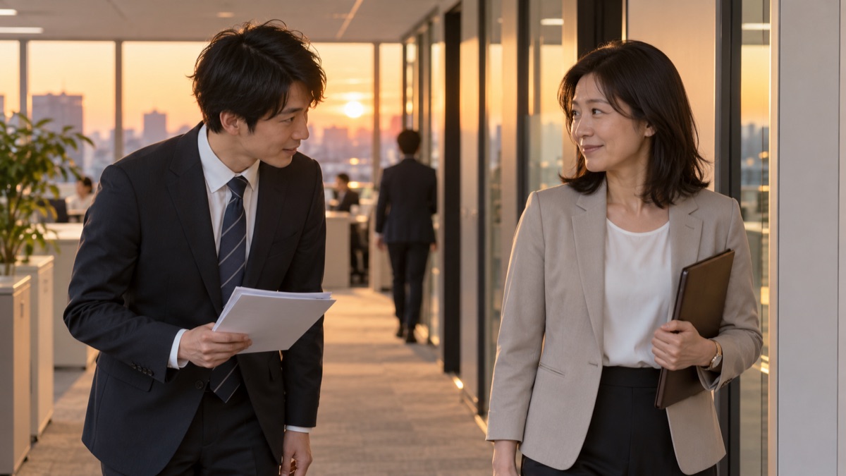 夕方のオフィスの通路で、先輩に会釈しながら質問の声をかける若手社員