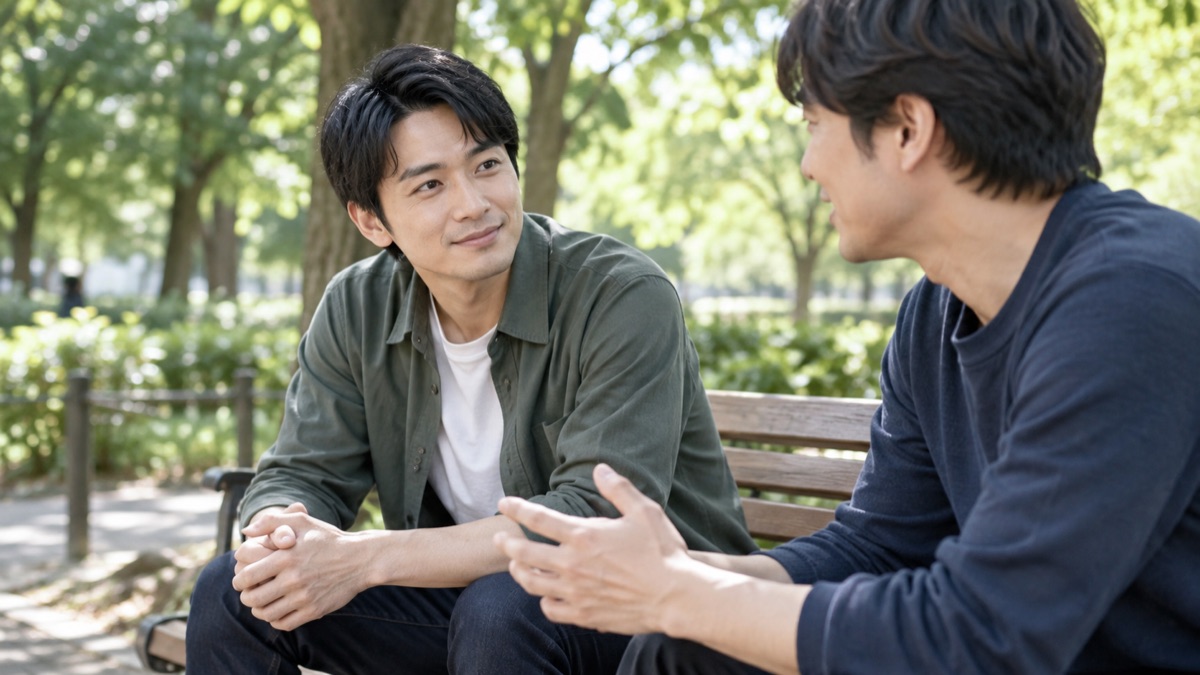 週末の公園のベンチで、友人の話に相づちを打ちながら聞く男性