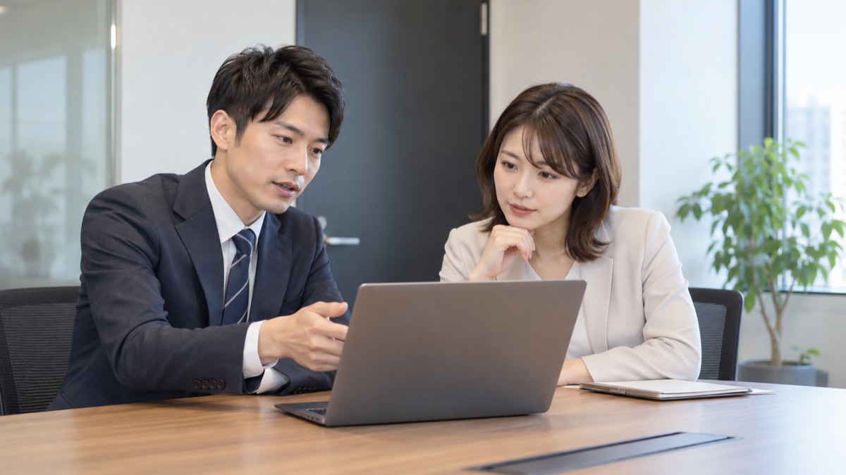 小さな会議室で、同僚と1台のノートパソコンを見ながら話し合う男性会社員