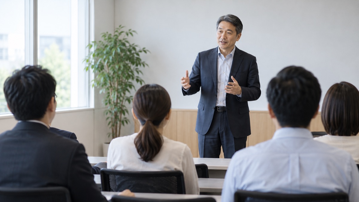 研修室で、少人数の受講者に穏やかに語りかける講師