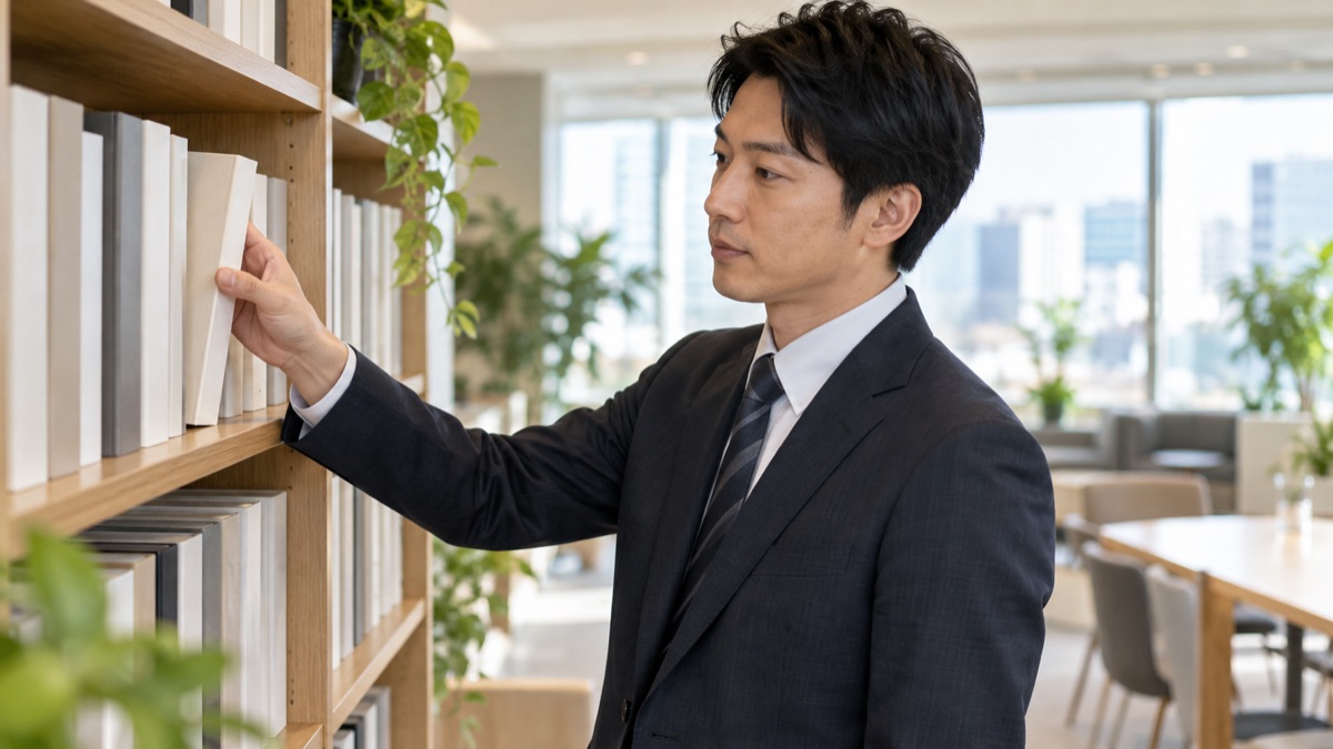 オフィスの共有の本棚から、1冊だけ選んで取り出す男性会社員