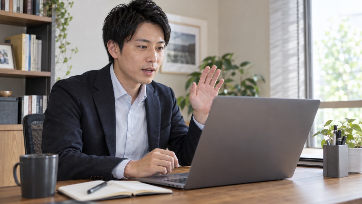 自宅の書斎で、オンライン会議に向かって手を挙げて質問しようとする男性会社員