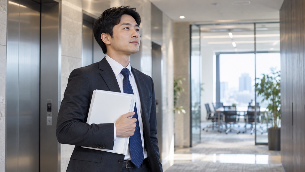 朝のエレベーターホールで、深呼吸してから会議室へ向かう男性会社員
