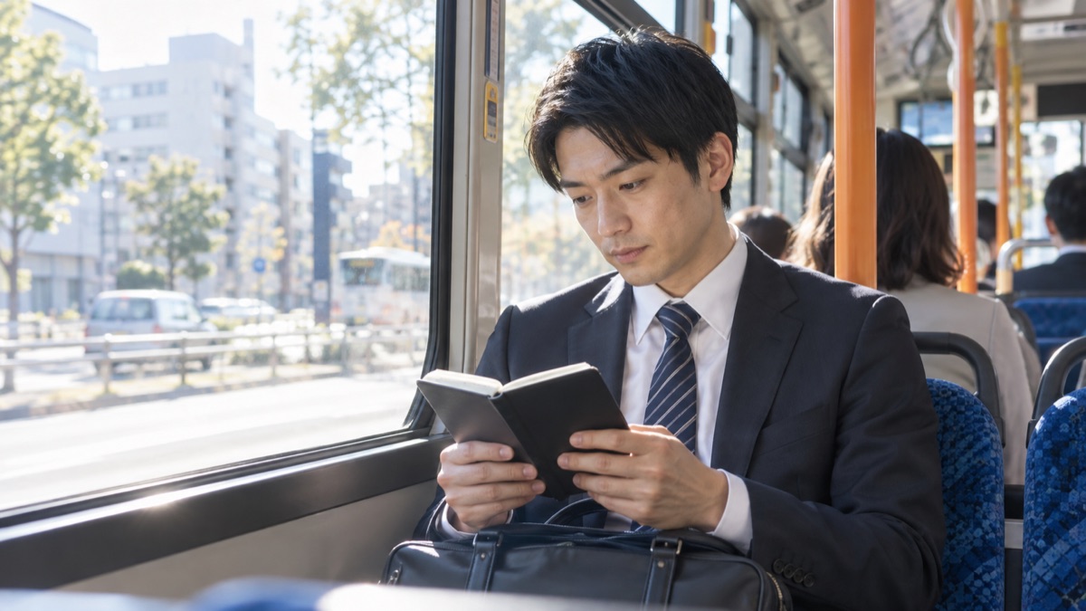朝のバスの座席で、手帳を開いて見返す男性会社員