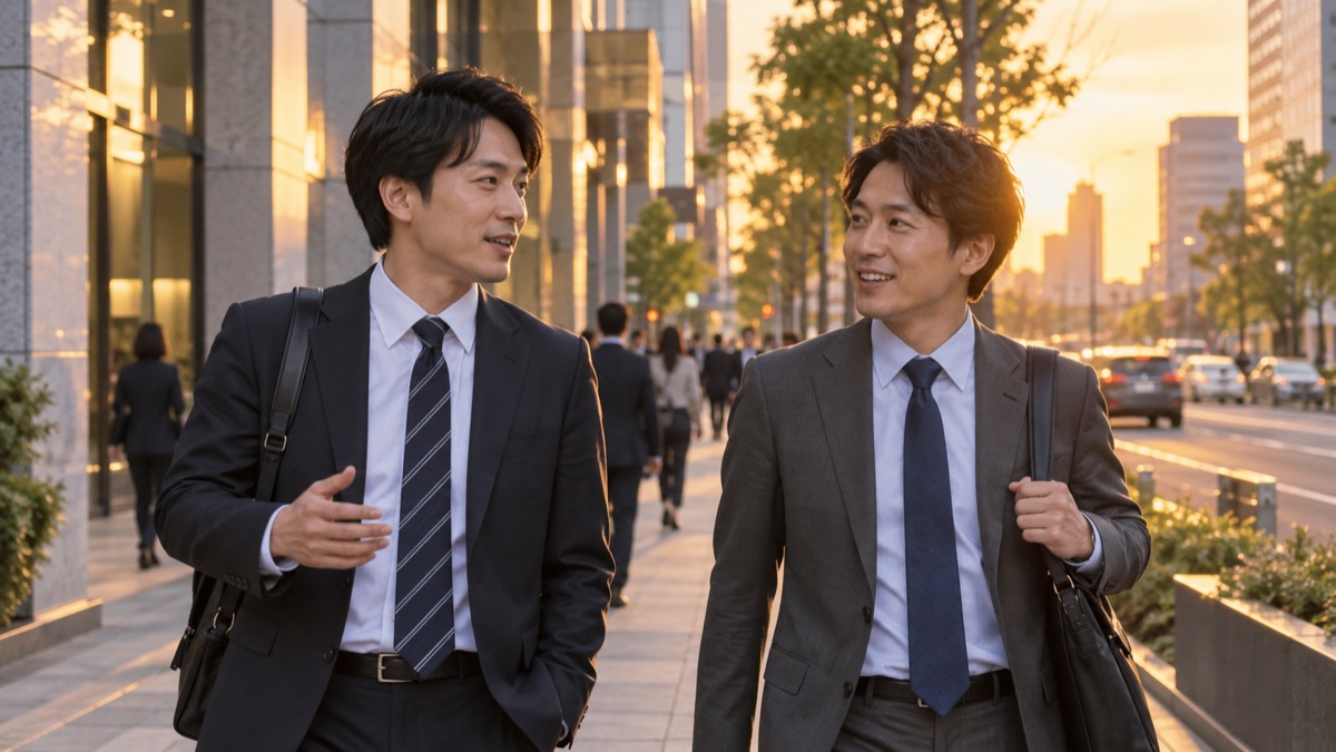 夕方の帰り道、同僚と並んで歩きながら今日の会議を振り返る男性会社員