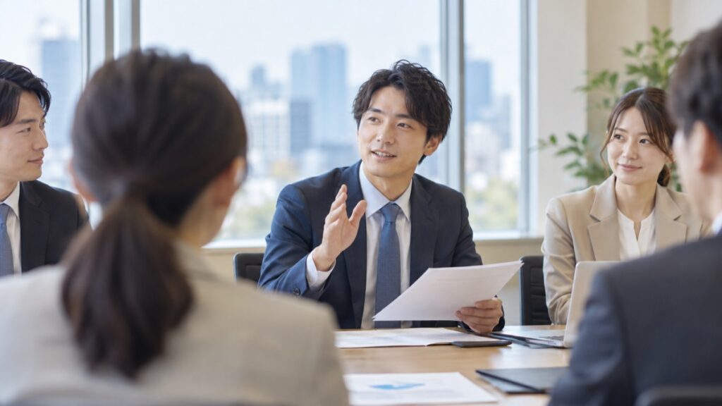 定例会議で資料を手に、穏やかな表情で手を挙げて質問しようとする男性社員