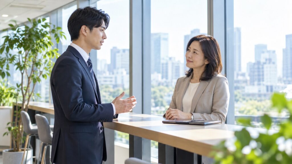 オフィスの窓際のカウンターで、若手の男性社員が女性の上司に落ち着いて報告している