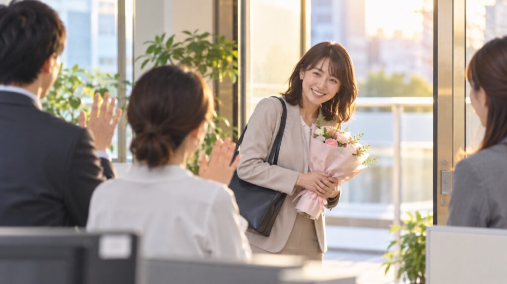 退職の最終日に花束を抱えて同僚たちに会釈する女性