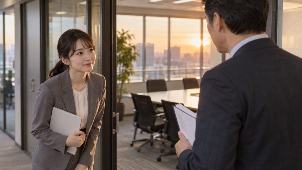 夕方のオフィスで、会議室の入口に立つ女性社員が上司に会釈して声をかけようとしている