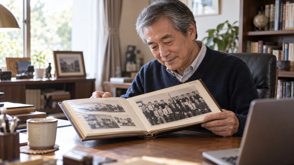 自宅の書斎で、60代の日本人男性が古いアルバムを開き、若い頃の職場の集合写真を懐かしそうに眺めている