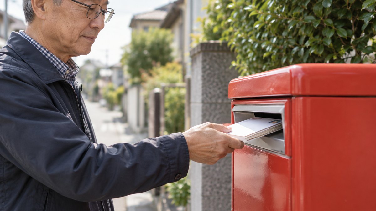 住宅街の郵便ポストの前で、60代の男性が束ねたはがきを投函口に入れようとしている手元