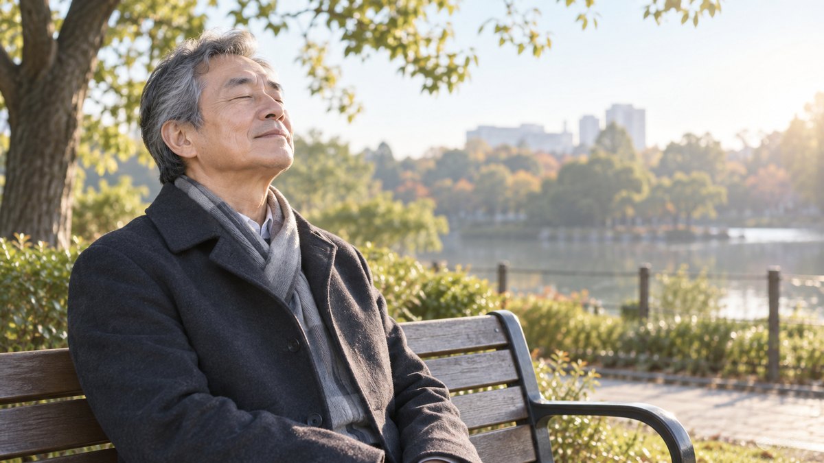 早朝の公園のベンチで、60代の男性がコートを着て座り、目を閉じてゆっくり深呼吸している